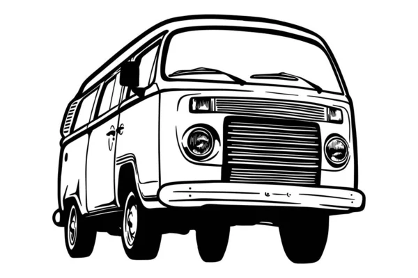 Retro Minivan Vektor Illusztráció Kézzel Húzott Out Line — Stock Vector