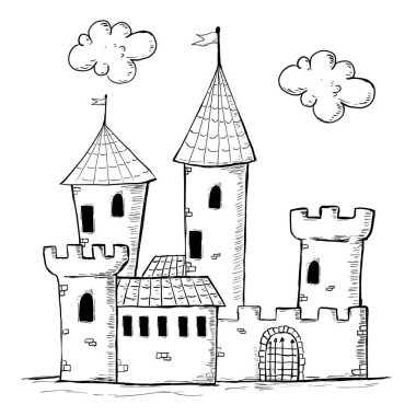 Castle çizimi - beyaz arkaplanda elle çizilmiş vektör çizimi