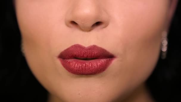 Het meisje spreekt de woorden op de camera. De lippen met lippenstift — Stockvideo