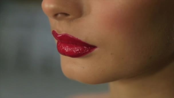 Kırmızı rujla boyanmış kadınların dudakları. Kız diyor ki.... — Stok video