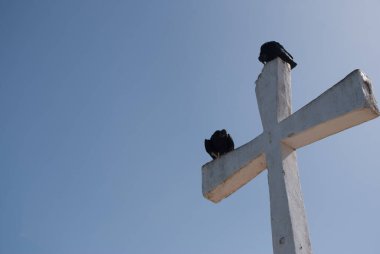 Beyaz bir haça tünemiş siyah kuşlar. Mavi gökyüzü