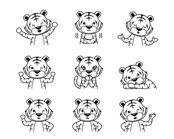 かわいい虎の絵文字 異なる姿勢 モノクロームセット ストックイラスト