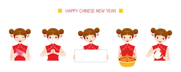 Menina Com Atividades Ano Novo Chinês Segurando Bandeira Cesta Frutas Gráficos Vetores