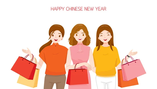 Chinees Nieuwjaar Drie Vrouwen Samen Winkelen Rechtenvrije Stockillustraties