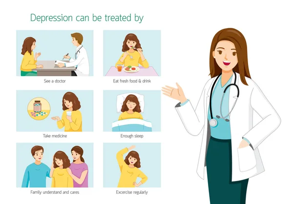 Kvinna Läkare Med Infographic Hur Man Behandlar Depression Symptom Sig — Stock vektor