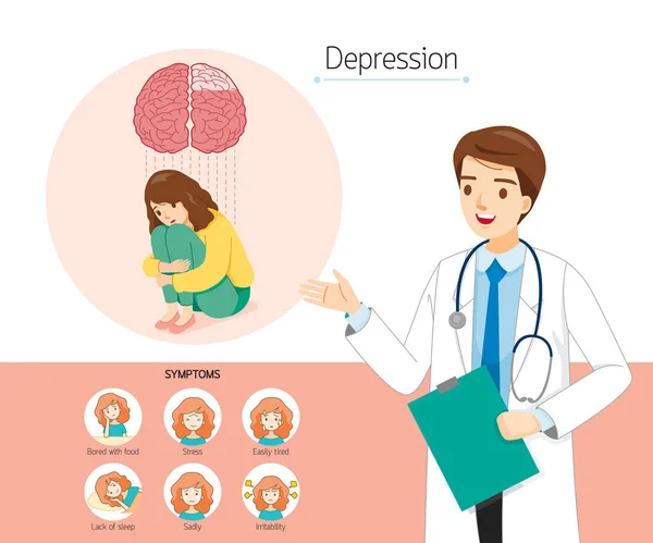 Mannelijke Arts Met Infographic Van Depressie Symptomen Bij Vrouwen Vectorbeelden
