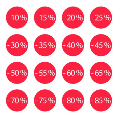 Farklı satış yüzdesi olan özel bir indirim etiketi. Satış teklifi amblemi, rozet fiyatı indirimi numarası. Düz pul, çıkartma indirimi. Mali ürün amblemi. vektör