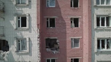 Aerial footage of a residential building destroyed by Russian missiles in Chernihiv