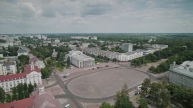 Aerial shooting of a beautiful view of the center of Chernihiv, beautiful houses and forest