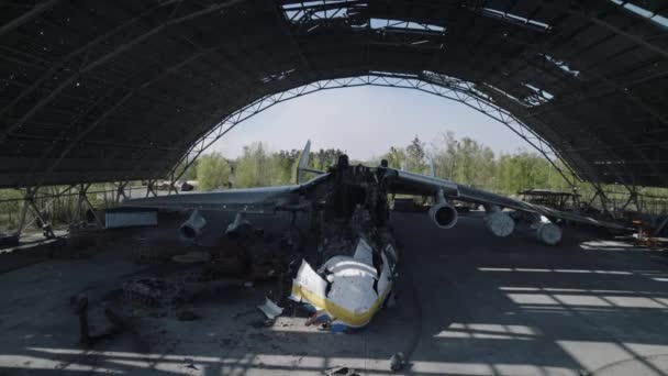 Aerial Shooting Remains World Largest Ukrainian Cargo Aircraft Collapsed Hangar — Stok video