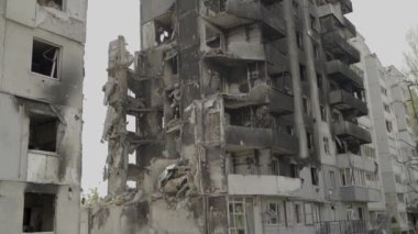 Destroyed by russian air bombs and burned building in Borodyanka