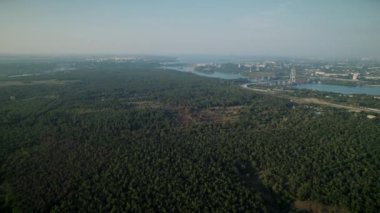 Aerial view of several bridges through Dnieper river. Hydroelectric power station 4K