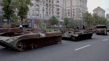 Totally destroyed russian technic on the Khreschatyk street in Kyiv 4K