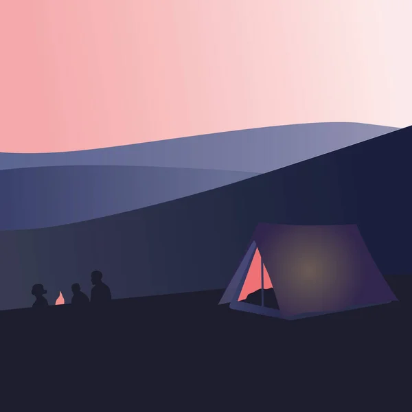 Night Tent Hike Bonfire Sunset — Vector de stock