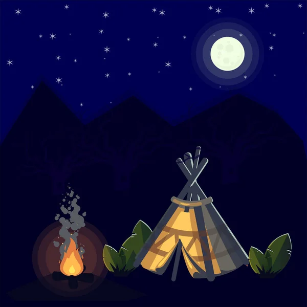 Night Moon Tent Bonfire Mountains Trees Hike — Vector de stock