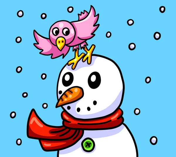 Digital Illustration Adorable Pink Bird Snowman Card — Stockfoto