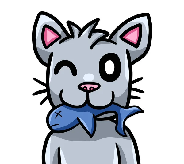 Digital Illustration Happy Winking Cat Holding Fish — 图库照片