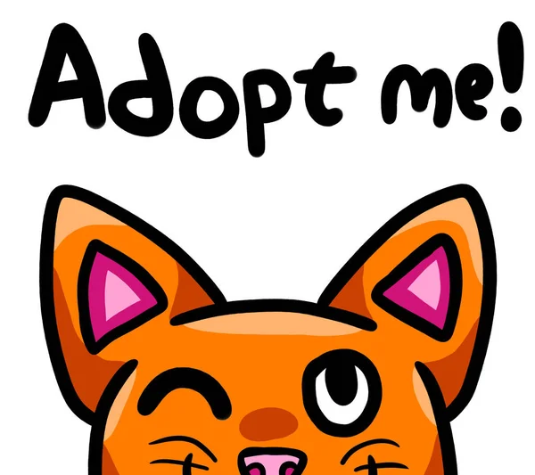 Digital illustration of a funny orange cat winking and wanting to be adopted