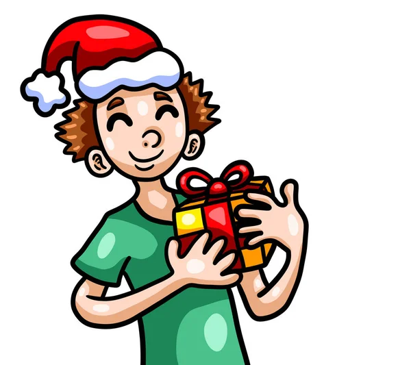 Digital Illustration Adorable Boy Holding Christmas Gift — Stockfoto