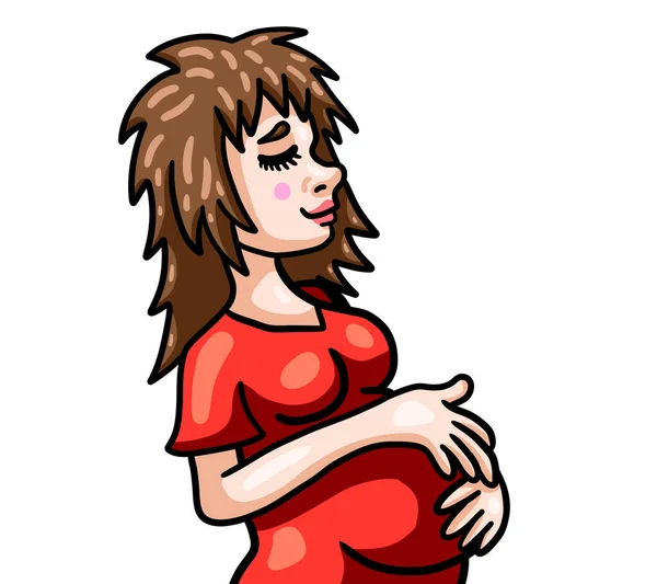 Цифровая Иллюстрация Очаровательной Счастливой Беременной Девушки Обнимающей Живот — стоковое фото