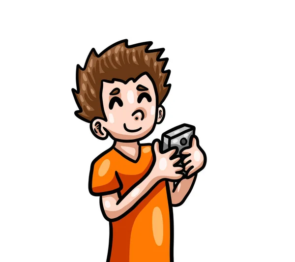 Digital Illustration Cute Little Boy Texting Social Distancing Home — Foto Stock