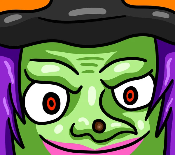 Digital illustration of a creepy Halloween ugly green witch card