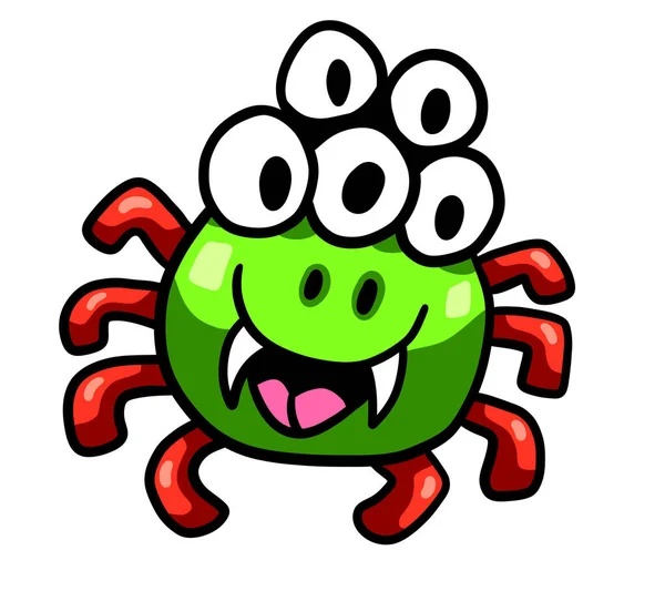 Digital Illustration Adorable Happy Little Five Eyed Red Green Spider — Stock Photo, Image