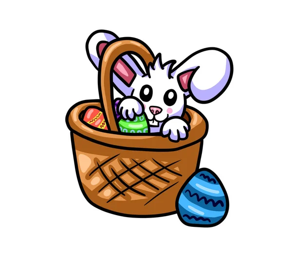 Digital Illustration Happy Easter Bunny Hidiing Basket Filled Easter Eggs — Zdjęcie stockowe