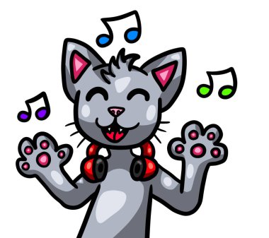 Digital illustration of a cute dancing grey cat with headphones