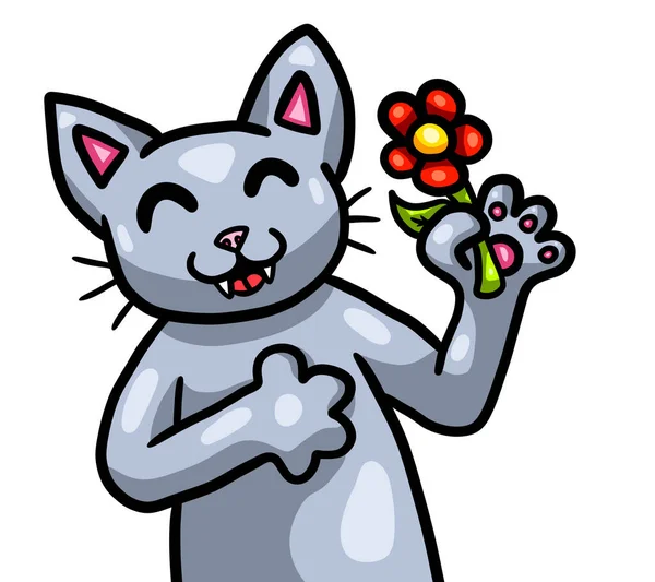 Digital Illustration Cute Cat Holding Flower — Foto Stock