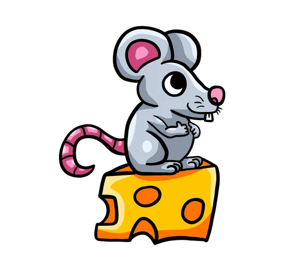 Digital illustration of a happy mouse on cheese