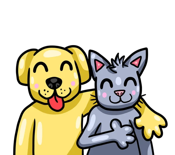 Digital illustration of a cute cat and dog best friends hugging each other