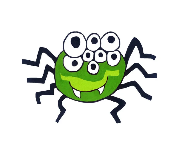 Handmade Illustration Green Spider — Photo