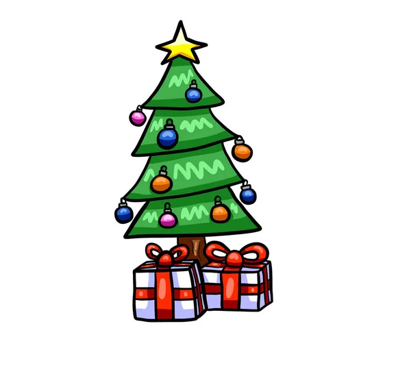 Digitális Illusztráció Egy Gyönyörű Karácsonyfa Két Karácsonyi Ajándékok — Stock Fotó