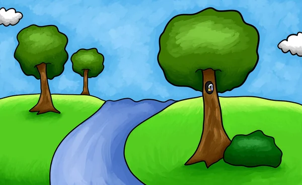 Digital illustration of a beautiful cartoon riverbank background with a bright blue sky