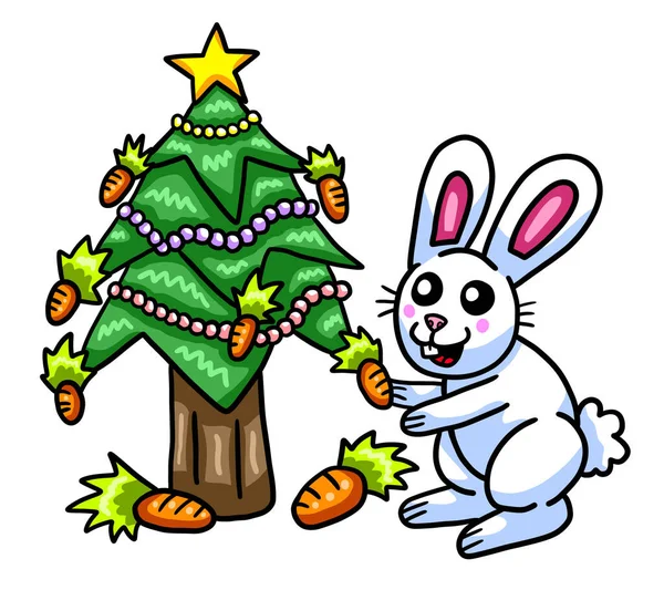 Noel Ağacını Süsleyen Mutlu Bir Tavşanın Dijital Çizimi — Stok fotoğraf