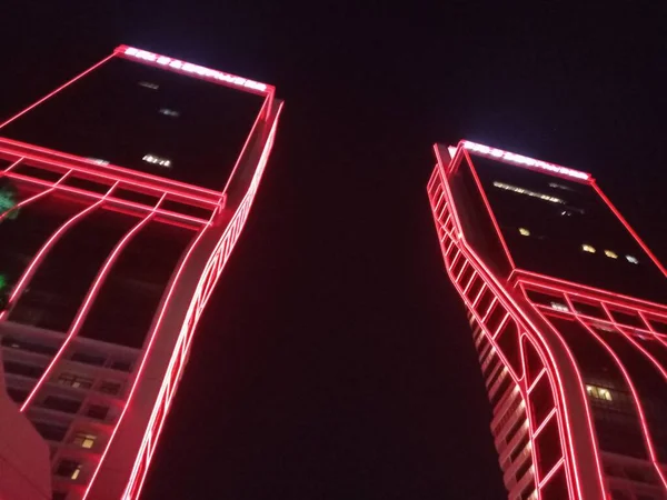 Two Towers Red Lights Folkarts Tower Turkey Night Shot — Stock Photo, Image