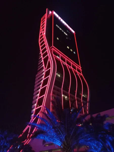 Folkarts Tower Red Neon Lights Night Shot Place Bayrakli Izmir — Fotografia de Stock