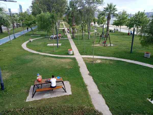绿油油的公园从上方射来 旅游区和体育区 有些人在公园里呆了一段时间 放松人们 自然与人 — 图库照片