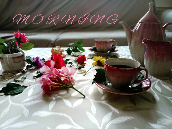 Morning Written Beautiful Photograph Two Cups Coffe Teapot Colourful Flowers — ストック写真