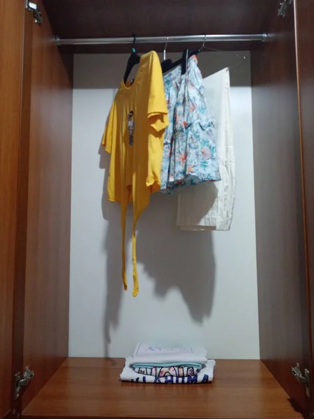 Clothes Hanging Hanger Wardrobe Shirts Skirts Summer Pants — Stock Photo, Image