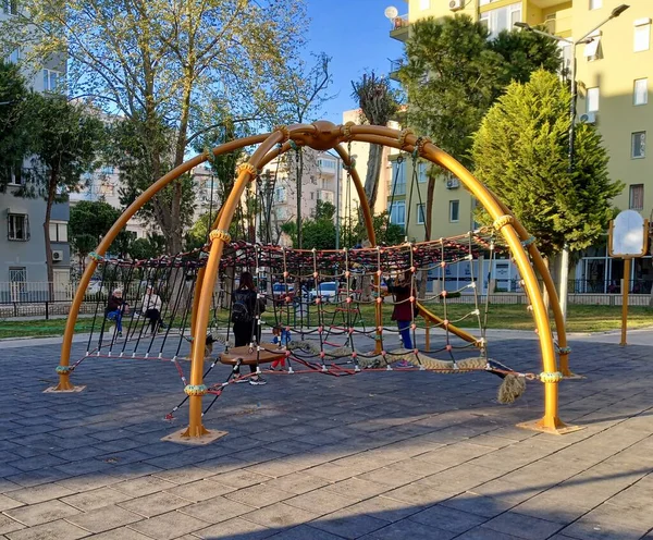 Outdoor Playground Climbing Area Two Old Men Sitting Bench Children — Photo
