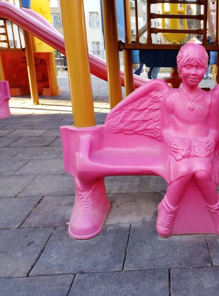 Figure Winged Little Girl Children Playground She Has Cat Her — ストック写真