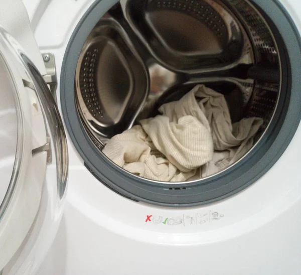 Dirty Laundry Machine Machine Cover Open Washing Machine Bathroom — Stock Photo, Image