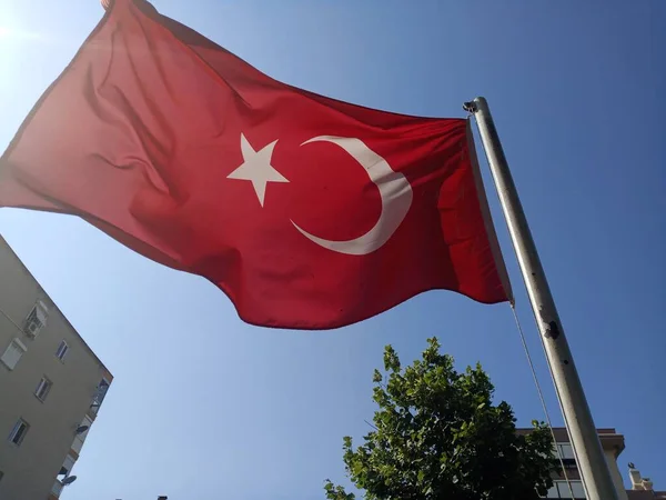 Turkish Flag Flag Flying Sky Izmir Turkey Nation — Stok fotoğraf