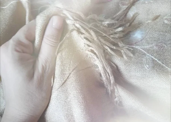 Hand Touching Pashmina Cloth Pashmina Shawl Closeup — Photo