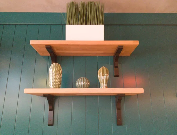 Modern Stylish Decoration Plants Objects Wooden Shelf — Stockfoto