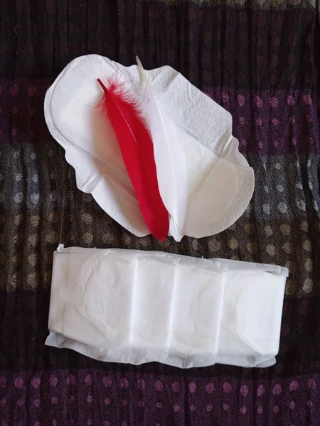 Feminine Pad Menstruation One Pad Open White Red Plumage Pads — Zdjęcie stockowe