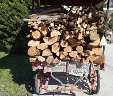 Eski ahşap arabada kış ormanı.