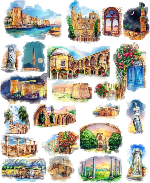 Hand Drawn Watercolor Drawing Cyprus Landmarks Illustration Art — Stock Photo, Image